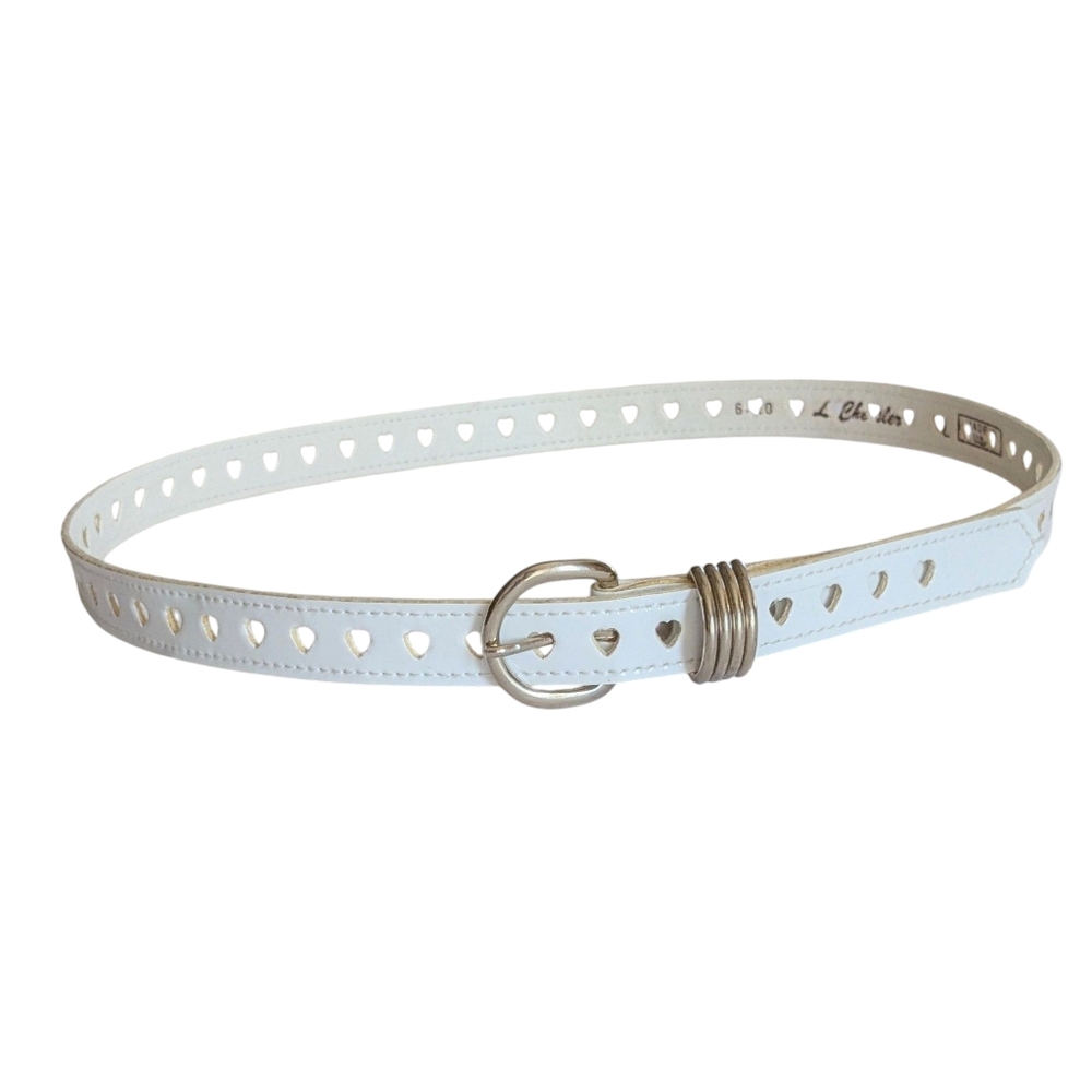 White Patent Leather Belt With Laser Cut Hearts